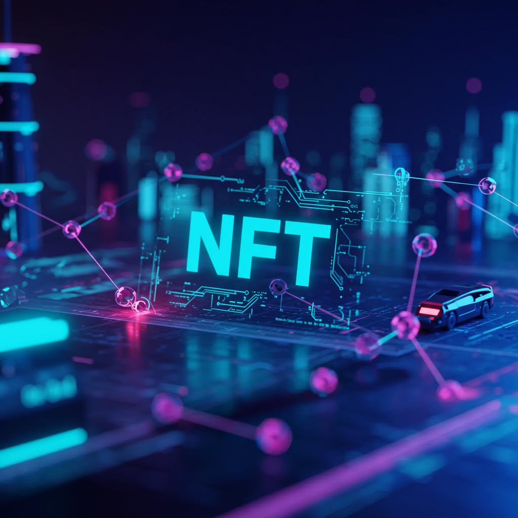 블록체인 기반 NFT 기술과 디지털 자산 개념을 시각화한 그래픽 이미지