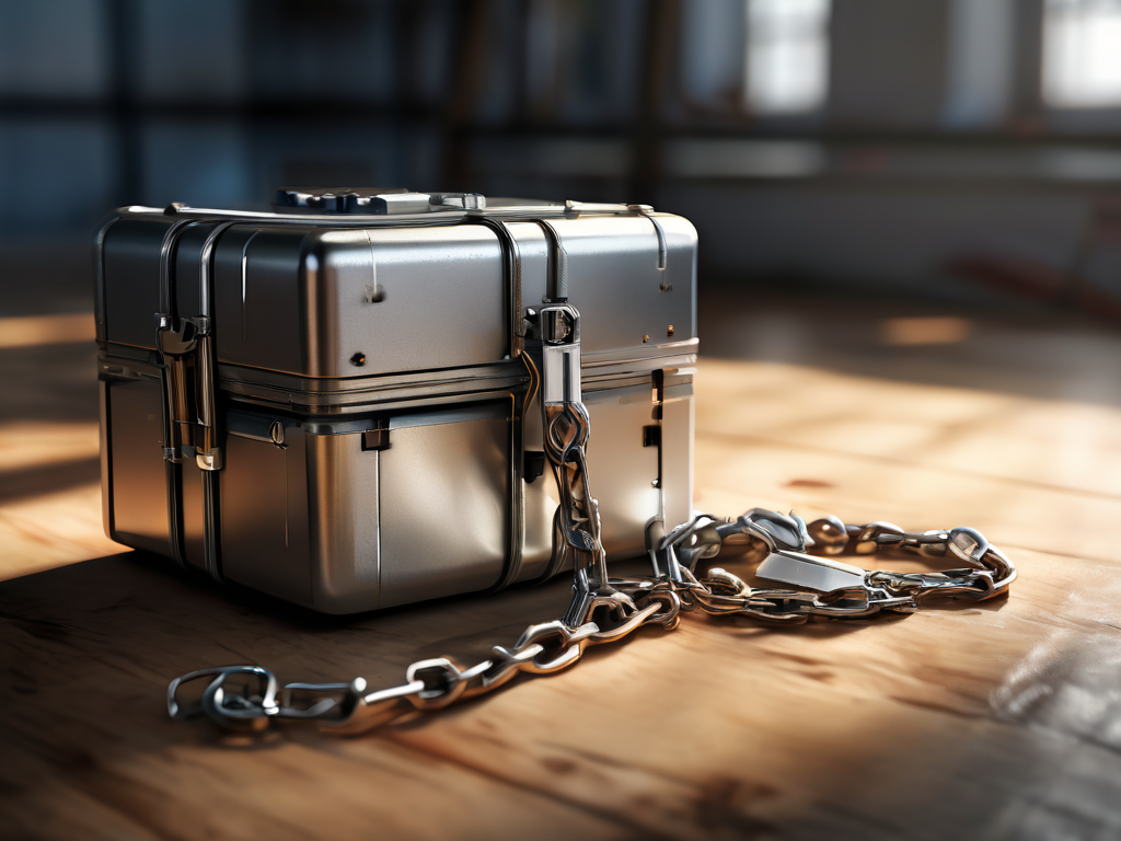 A storage case linked by a short metal chain to small blocks representing relocated file locations.