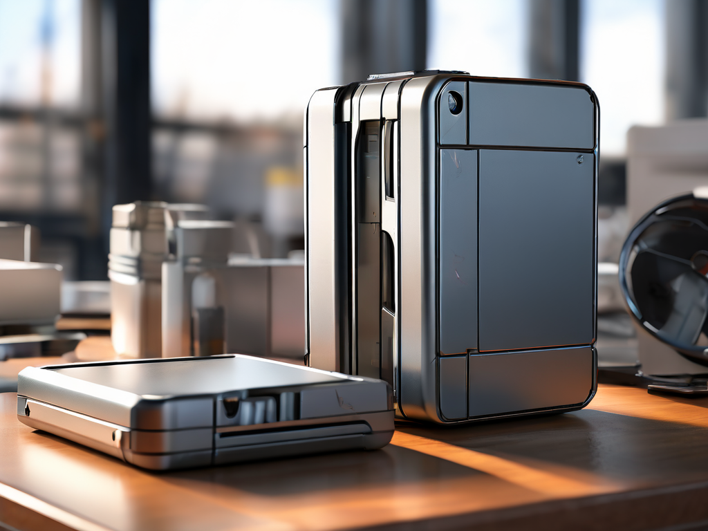 Portable storage drive and stacked data blocks with cleanup gauge on brushed metal surface.