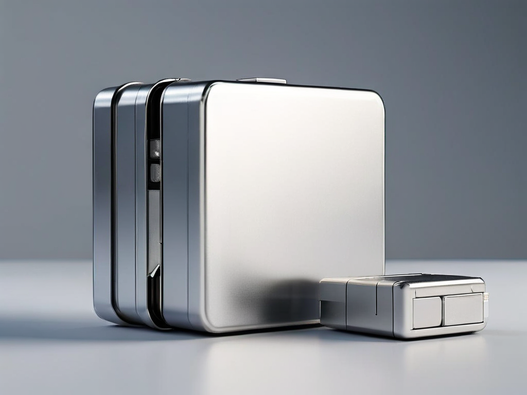 Portable backup drive with stacked data blocks and capacity gauge on brushed metal surface.