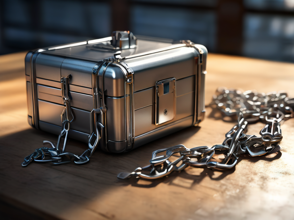 A sealed metal case with a short chain and small blank blocks arranged on a brushed surface, representing secure account recovery.
