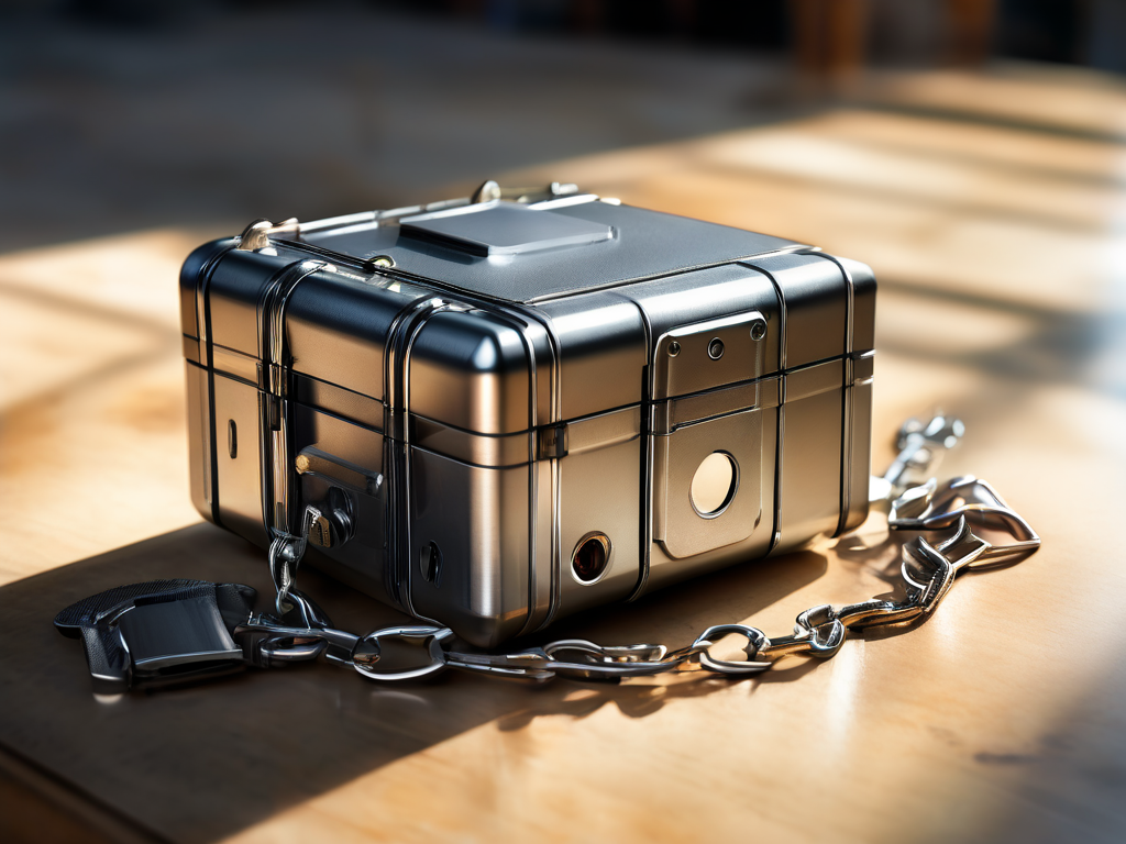 Sealed metal case with short chain and scattered blocks on brushed surface, morning light, shallow focus.