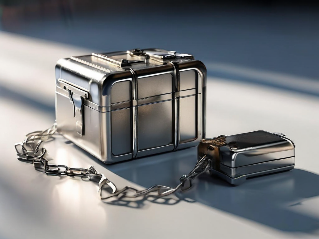 A sealed silver storage case rests on a brushed metal surface, connected by a short metal chain to small blank blocks...